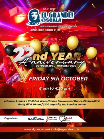 Anuncio del 22º aniversario de El Grande en Londres con fiesta y baile.