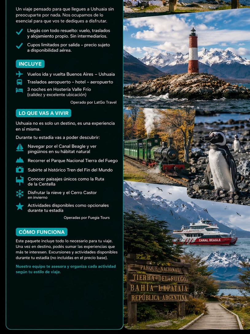 Paquete turístico para Ushuaia con vuelos, alojamiento, y actividades en la naturaleza.
