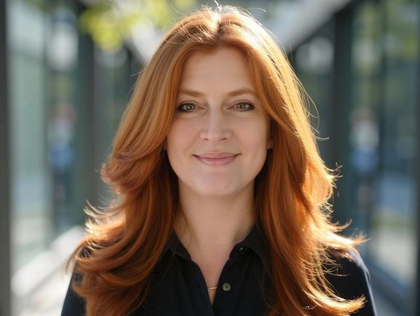 Smiling woman with red hair outdoors.