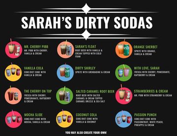 Menu of Sarah's Dirty Sodas with various unique soda and cream combinations.