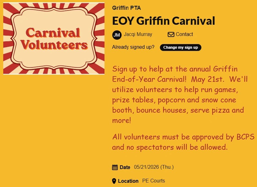 Signup for Griffin End-of-Year Carnival volunteers on May 21, 2026.