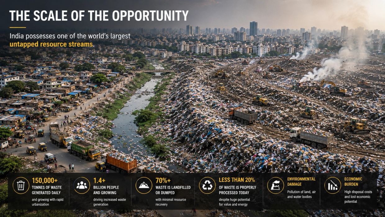 India's massive waste problem with rapid urbanization and landfilling.