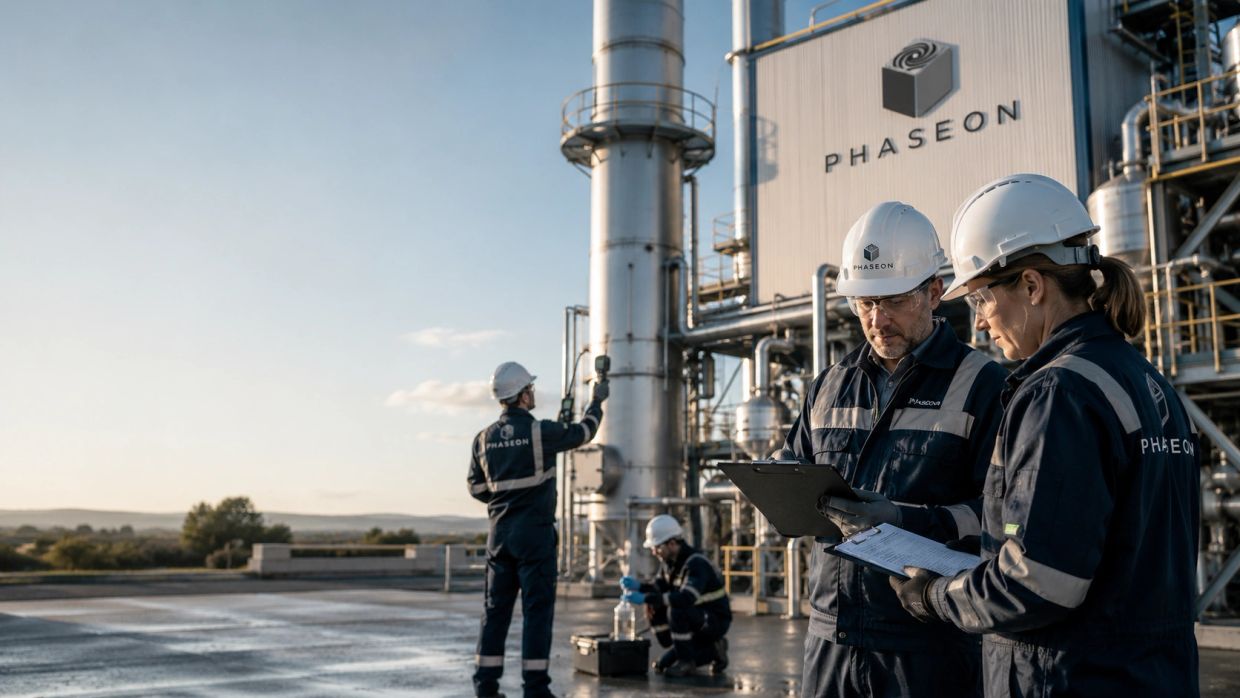 Workers inspecting a Phase 1 industrial plant outdoors.