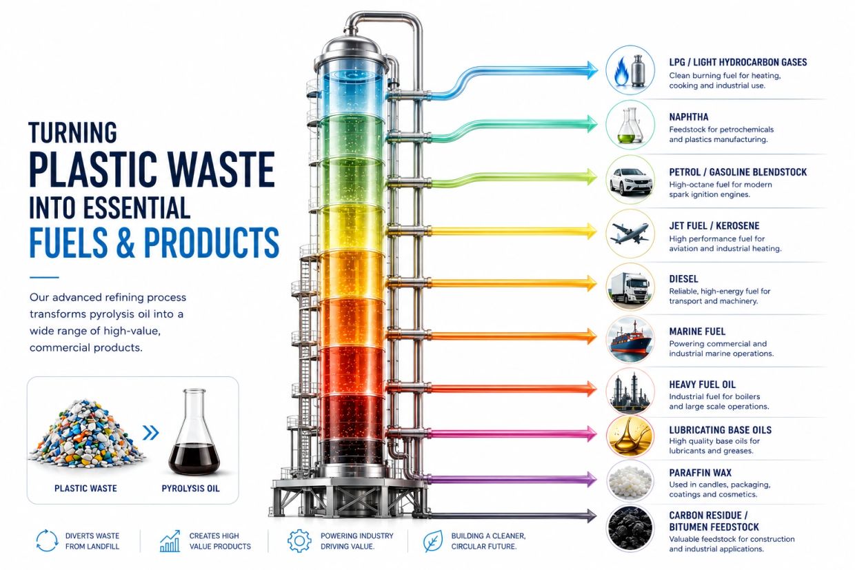 Infographic showing plastic waste refined into various essential fuels and products.