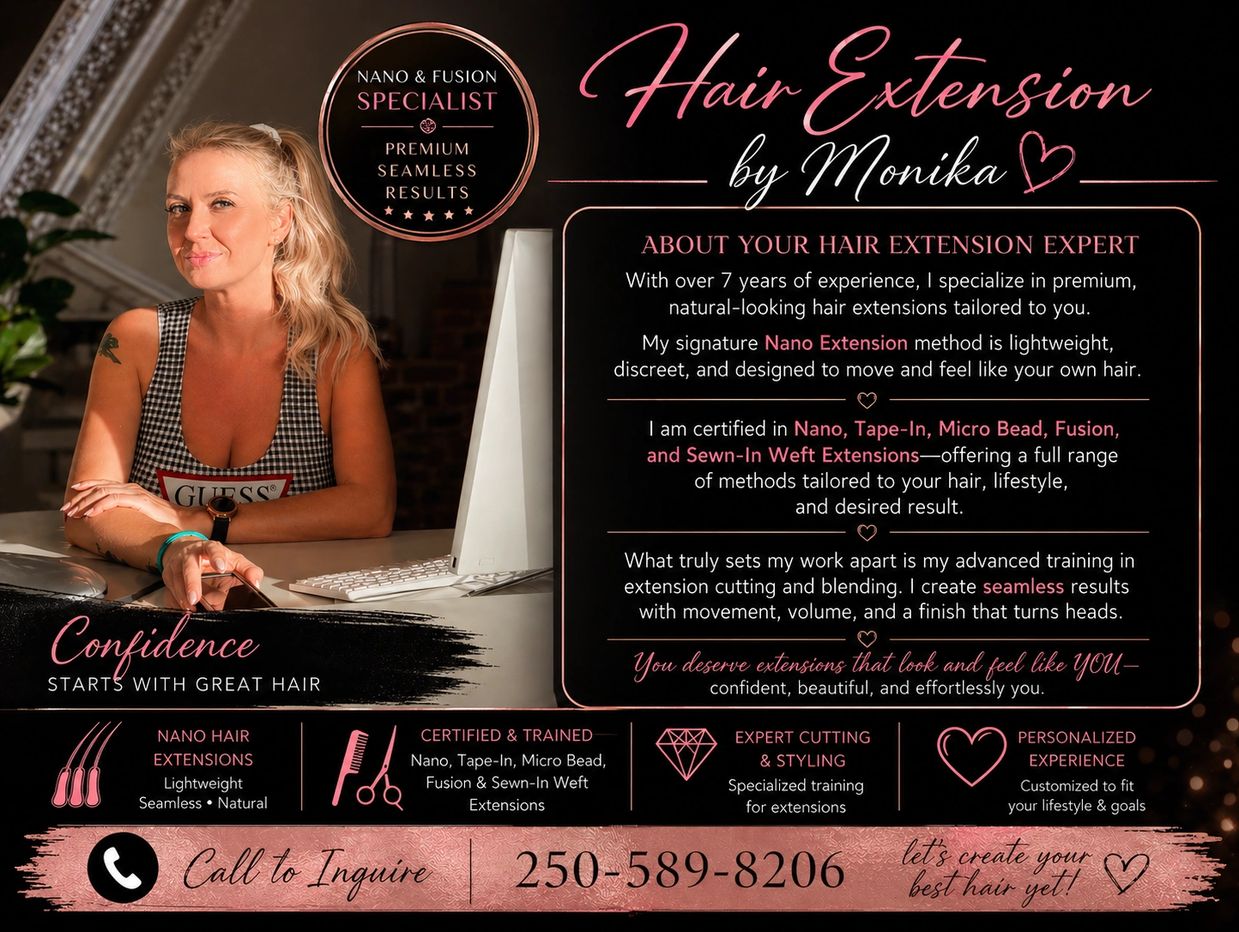 Hair extension specialist Monika offers premium, seamless Nano &amp; Fusion extensions with expert cutting and personalized care.