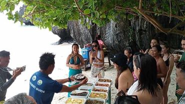 Group enjoying a meal outdoors under a tree near rocks.