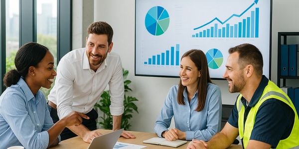 A diverse team discusses business charts in a meeting room.