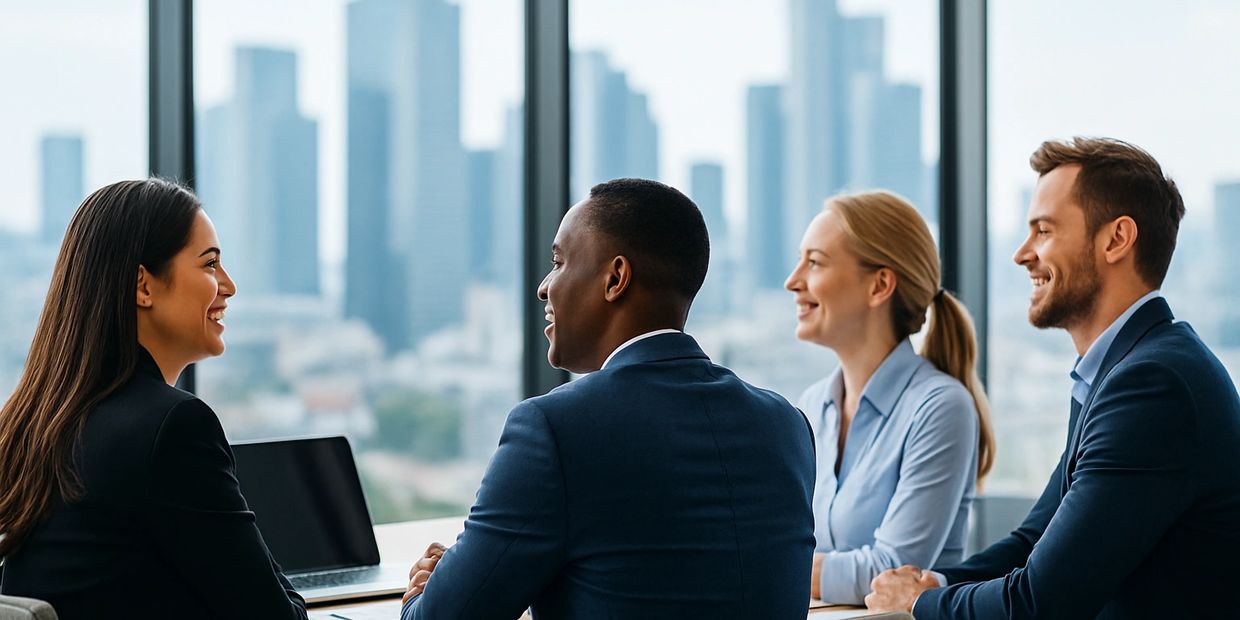 Four professionals engaged in a friendly business meeting in a modern office.