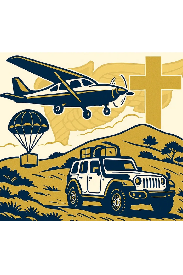 Illustration showing a plane, jeep, parachute with a cross and wings symbol.