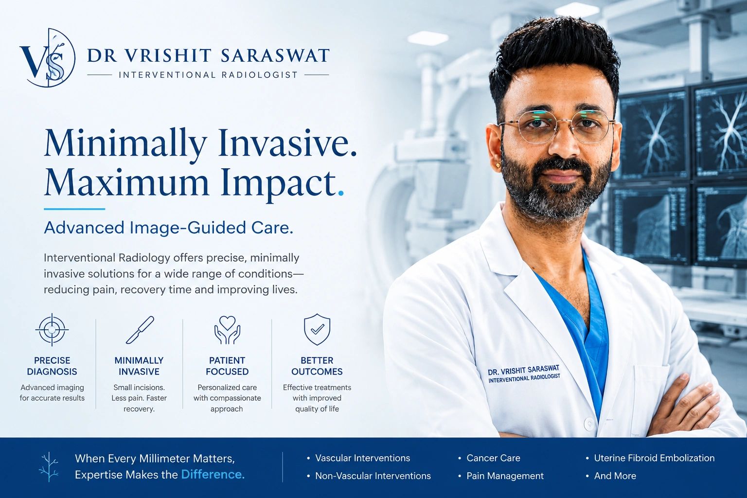 Dr. Vrishit Saraswat offers minimally invasive interventional radiology for precise diagnosis and better patient outcomes.Top Interventional Radiologist in Lucknow 