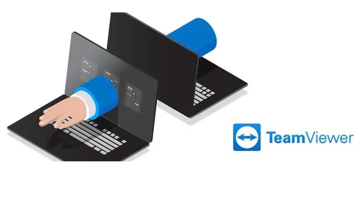 Dos laptops atravesadas por una mano con el logo de teamviewer