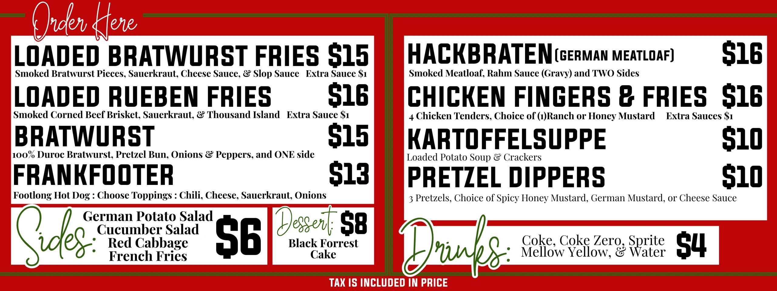 Menu featuring bratwurst, dips, German sides, desserts, and drinks.
