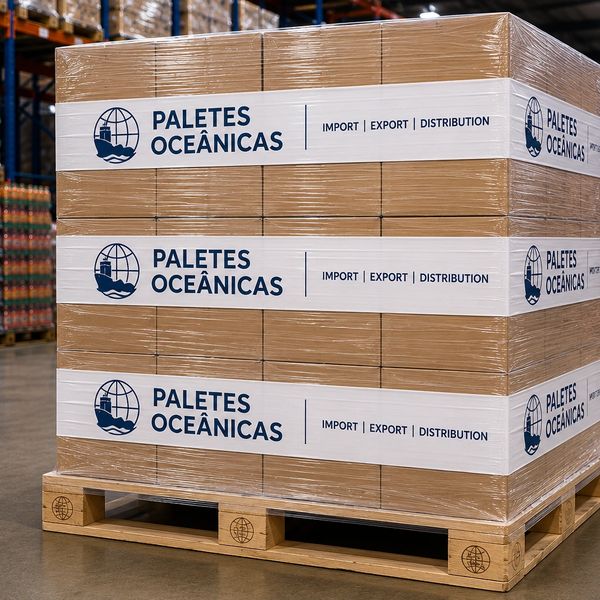 Stacked pallets wrapped with "Paletes Oceânicas" branding for import, export, and distribution.