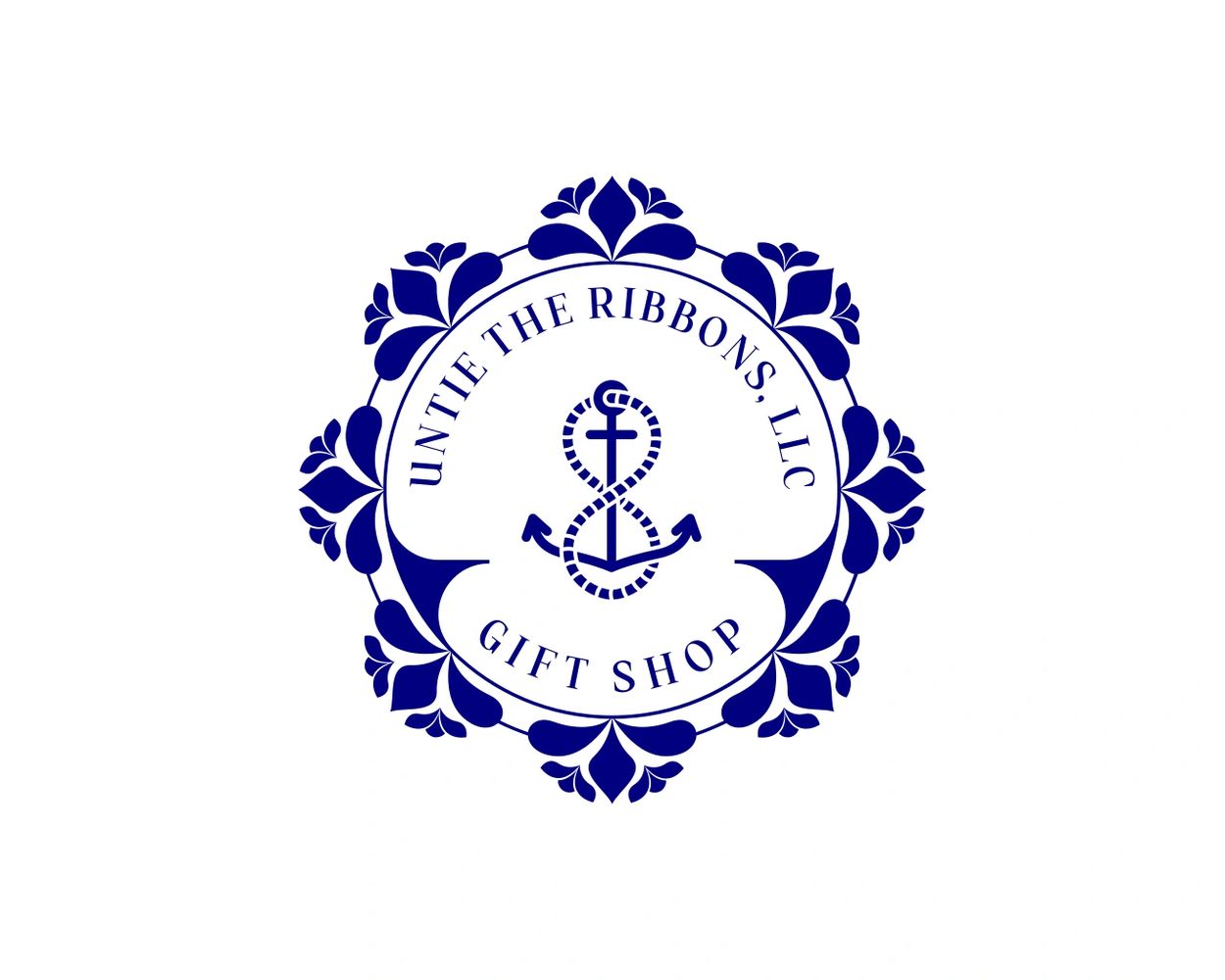 Nautical-themed gift shop logo with anchor and floral design.