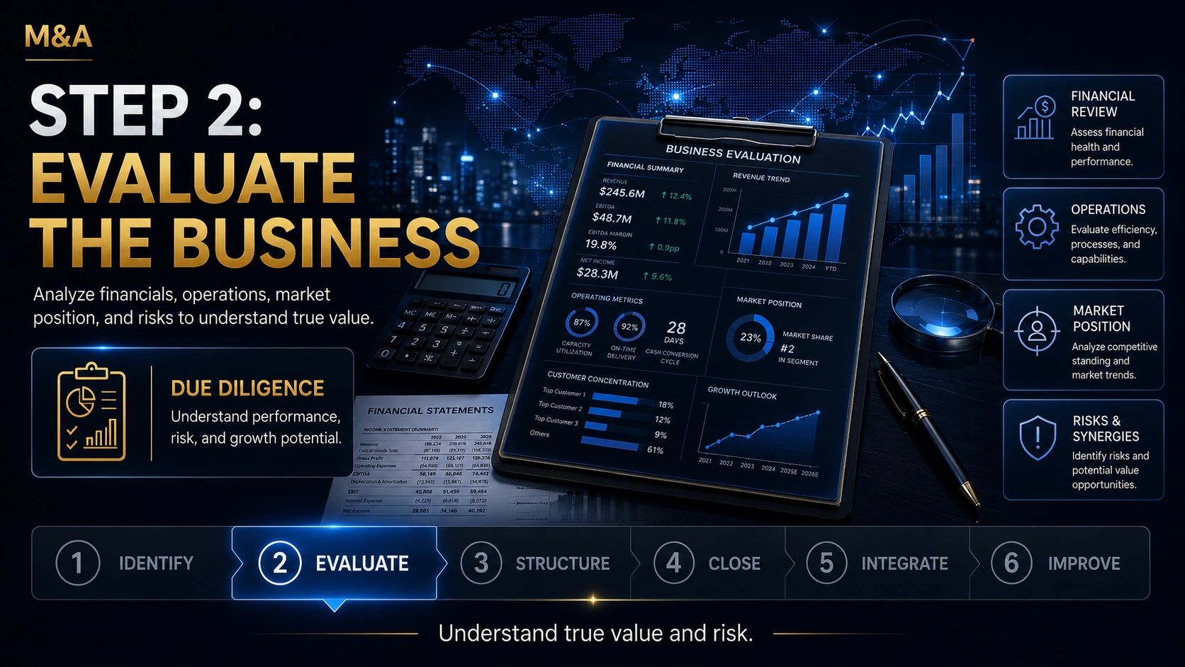 Step 2 in M&amp;A: Evaluate the business including financials and market position.