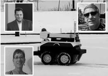 A small robotic vehicle moves on snow with three inset portraits of people.
