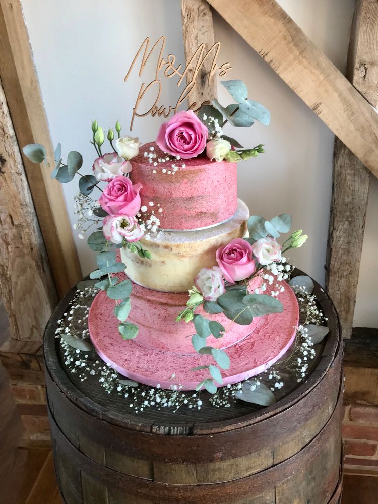 Pink green naked natural rustic wedding cake 
