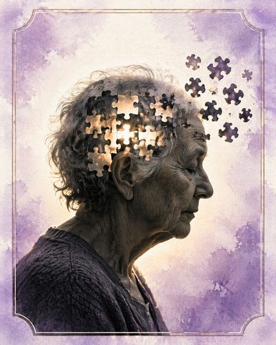 Elderly woman with puzzle pieces missing from her head, symbolizing memory loss.