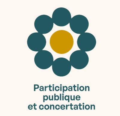 Logo with blue and yellow circles and French text about public participation.