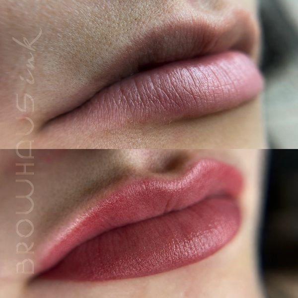 before & after image of a beautiful, natural lip blush by BROWHAUS ink in Brooklyn NY