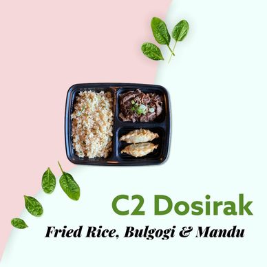 C2 Korean dosirak includes fried rice, mandu and bulgogi.
