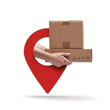 Hand delivering packages through a red location pin icon.