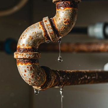 Rusty metal pipe leaking water drops under a sink.