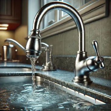 A close-up of a water faucet dripping water into a kitchen sink.