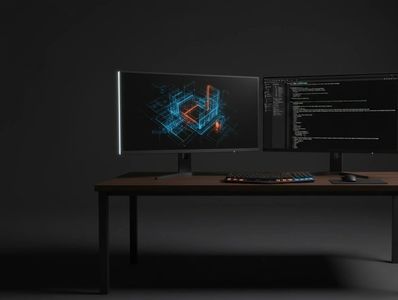 Dual monitors on a modern desk with keyboard and mouse.