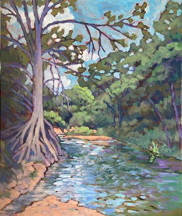 Painting of a river with trees and roots.