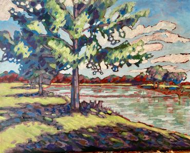 Colorful impressionist painting of trees beside a river.