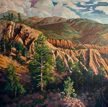 Painted mountain landscape with trees and bright sky.