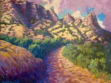 Colorful painting of a rocky mountain path.