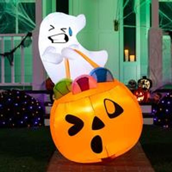  5 FT Tall Inflatable Ghost with Pumpkin Candy Bag 