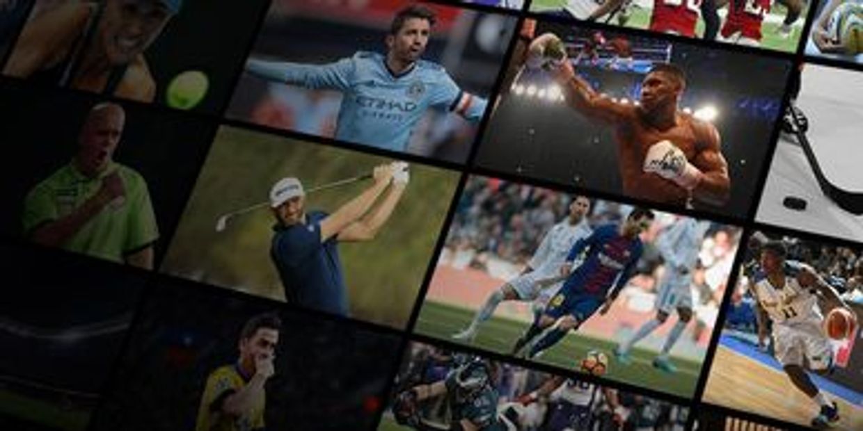 A collage of various sports moments including soccer, boxing, golf, and basketball.