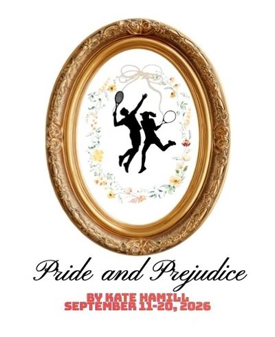 Ornate frame with tennis players silhouette for Pride and Prejudice event.