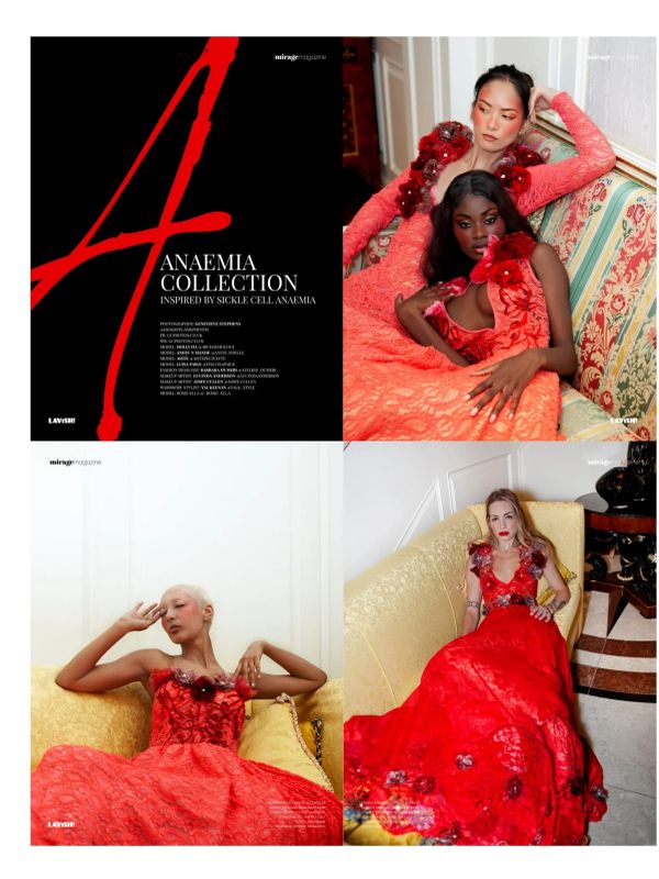 Collection de mode inspirée par l'anémie falciforme avec robes rouges élégantes.