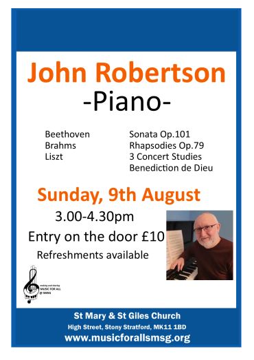 Piano recital poster for John Robertson on 9th August.