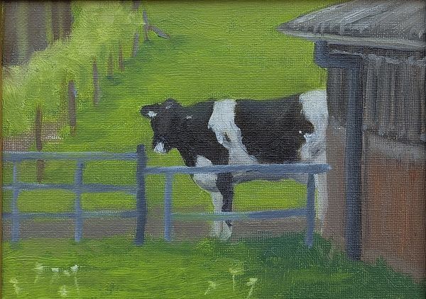Painting of a black and white cow near a fence and barn in a green field.