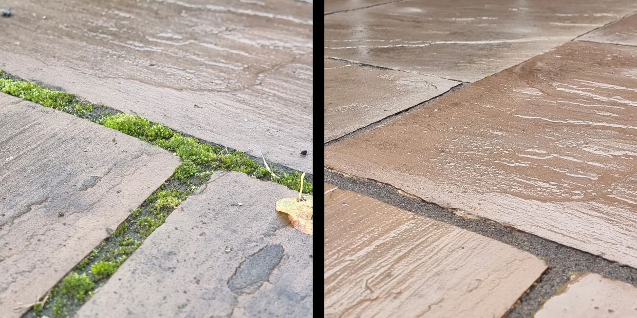 Pressure washing an Indian stone patio before and after.