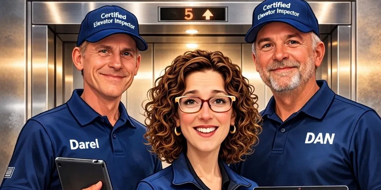 Three certified elevator inspectors smiling in an elevator, wearing blue uniforms and caps.