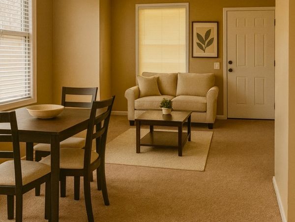 Combined living and dining area 
Mounted Tv
Sofa/Chair
Coffee Table
Lamps
Dining Table
