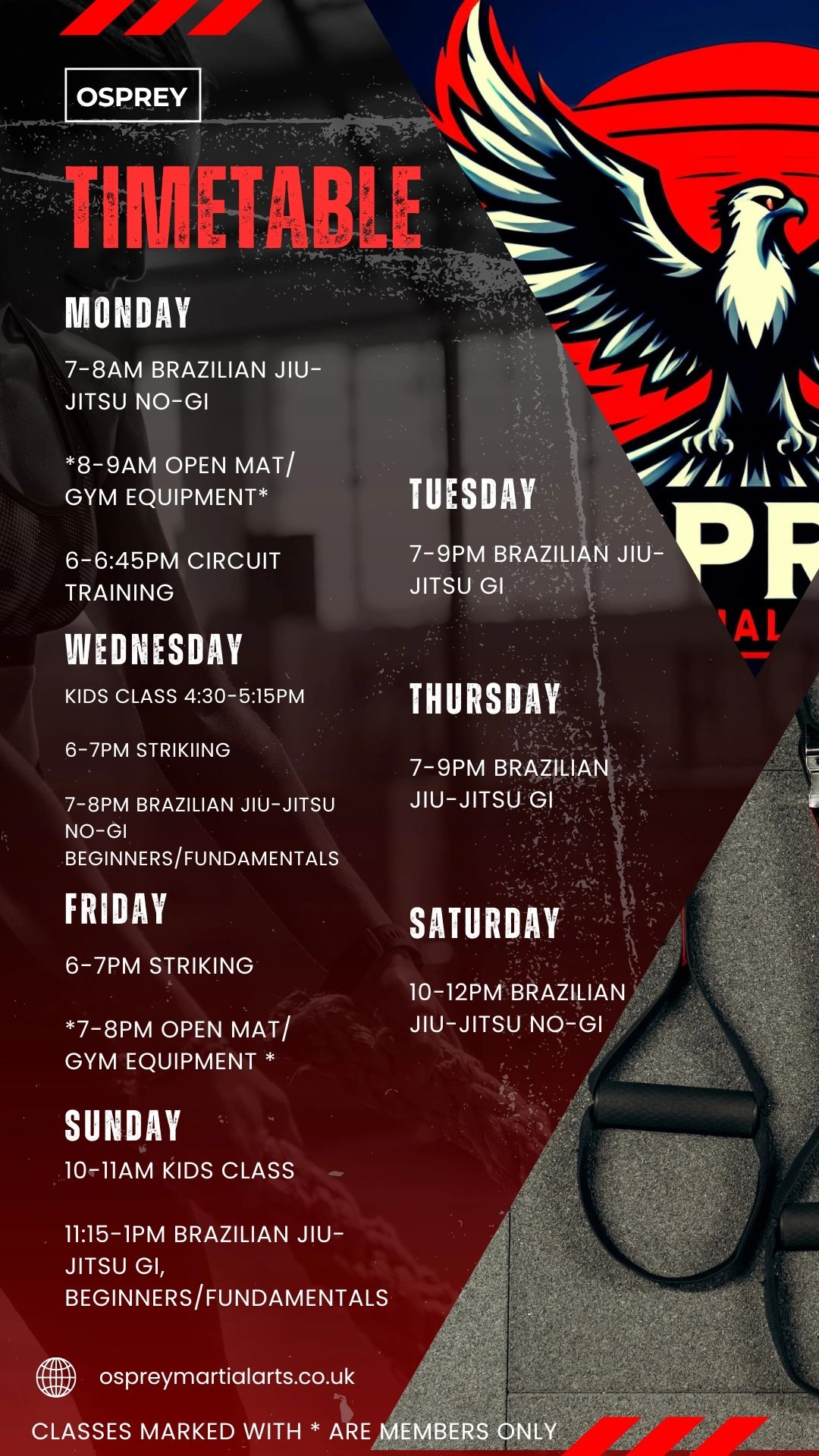 Osprey Martial Arts weekly timetable for Brazilian Jiu-Jitsu and related classes.