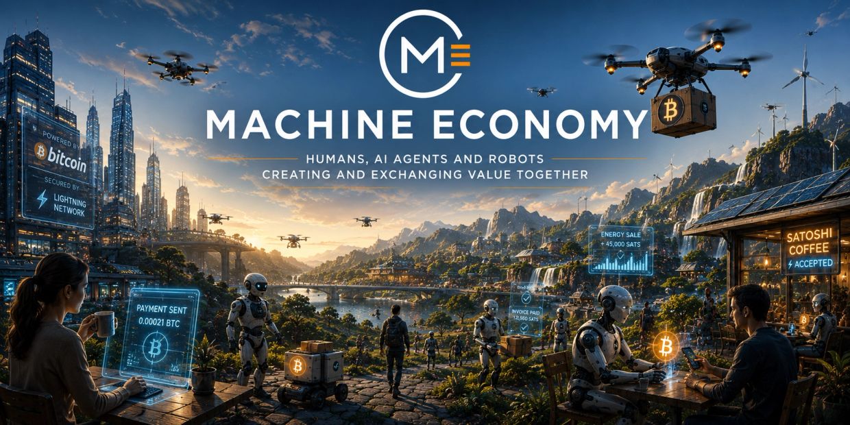 Futuristic sci-fi scene of humans and robots exchanging bitcoin in a machine economy.