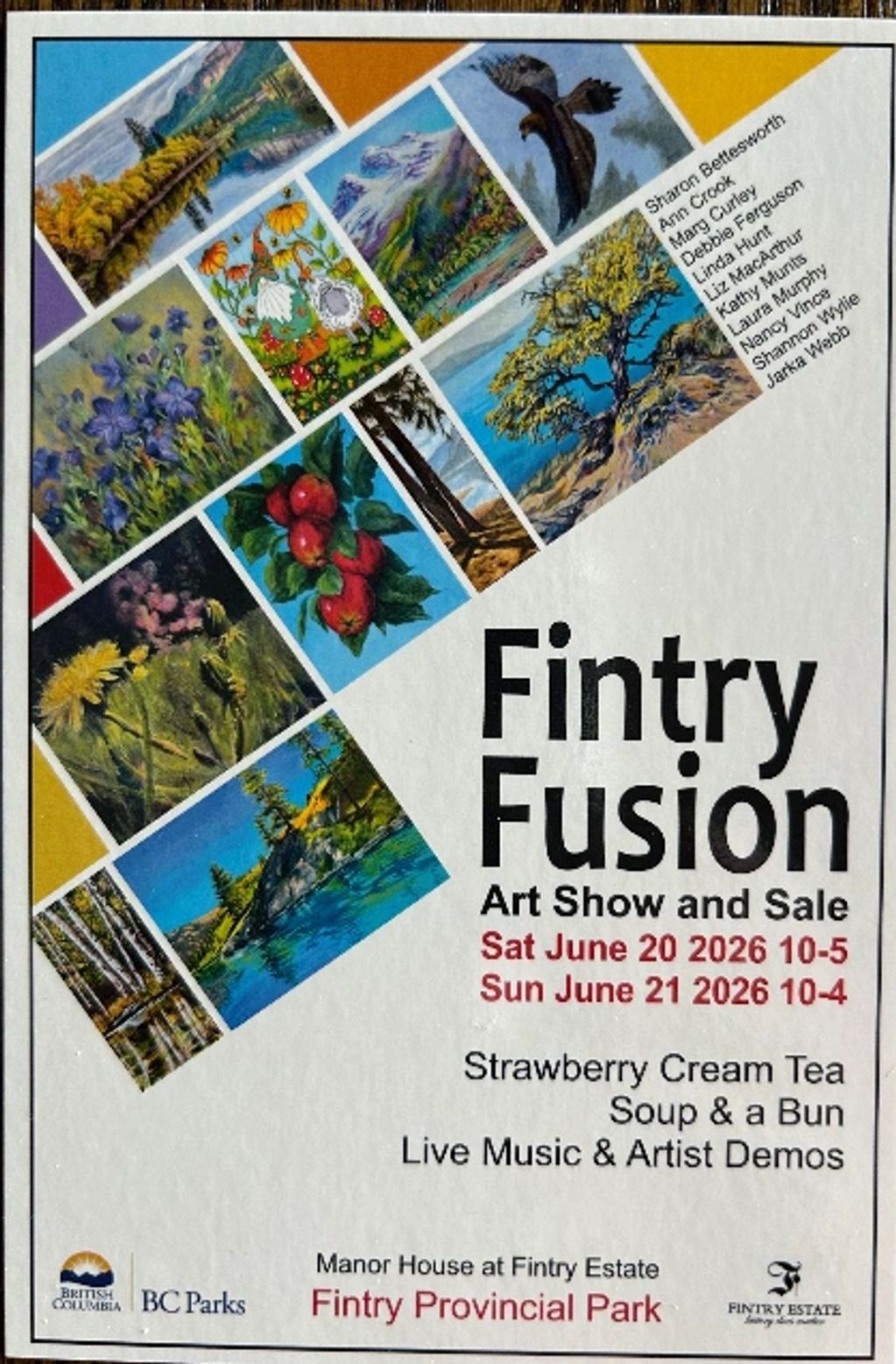 Poster for Fintry Fusion art show and sale with colorful artwork thumbnails.