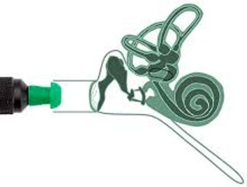 Illustration of an ear with a hearing aid device inserted.