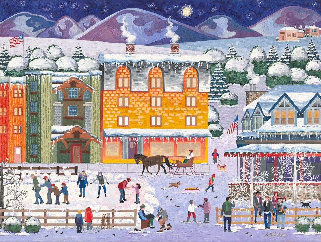 Wintertime fun with ice skaters, sledding, and a horse-drawn sleight.