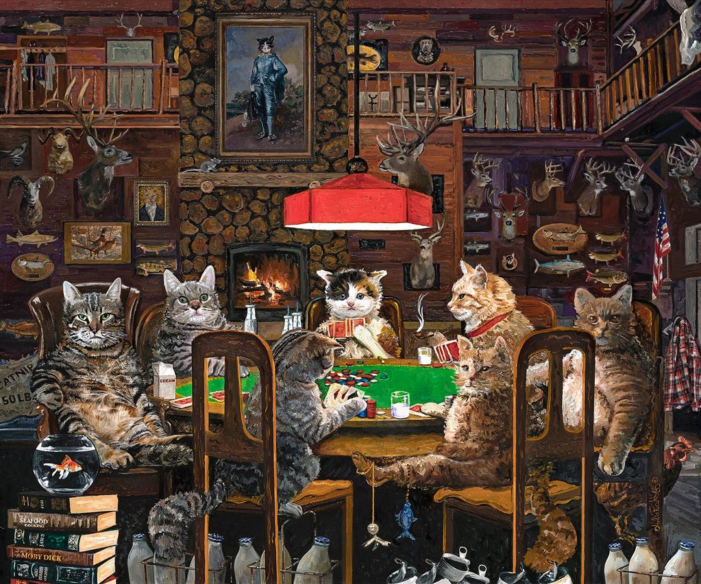 Cats play poker in the study.