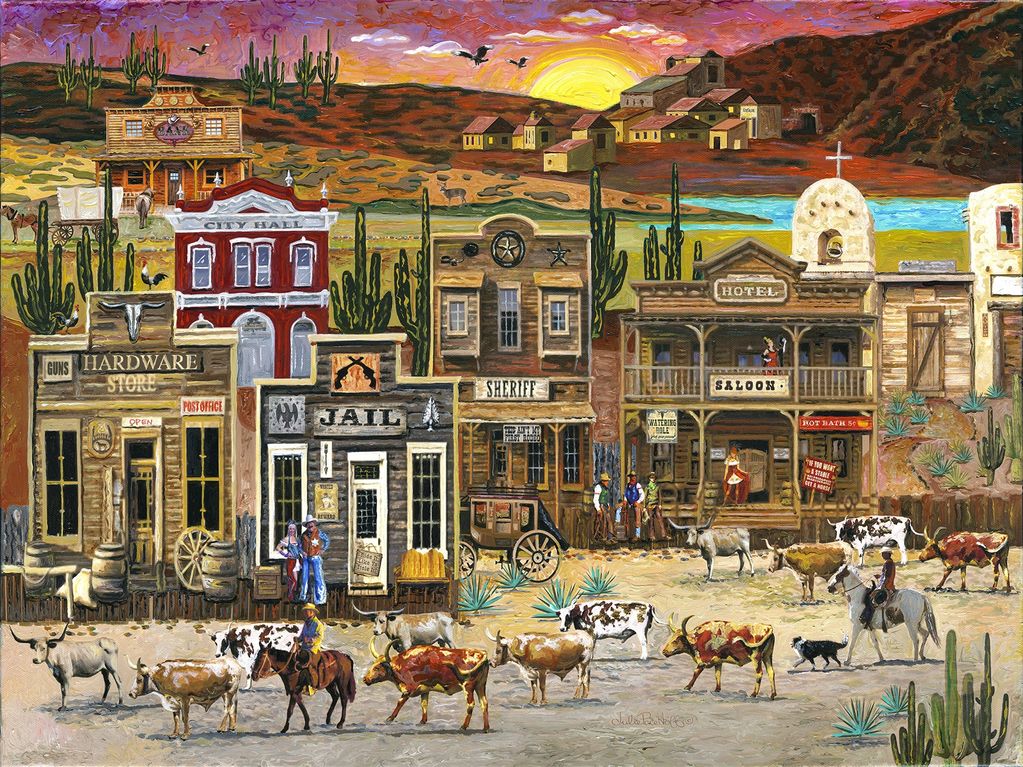 Lively details into this scene to capture the spirited energy of a bustling Old West town. 