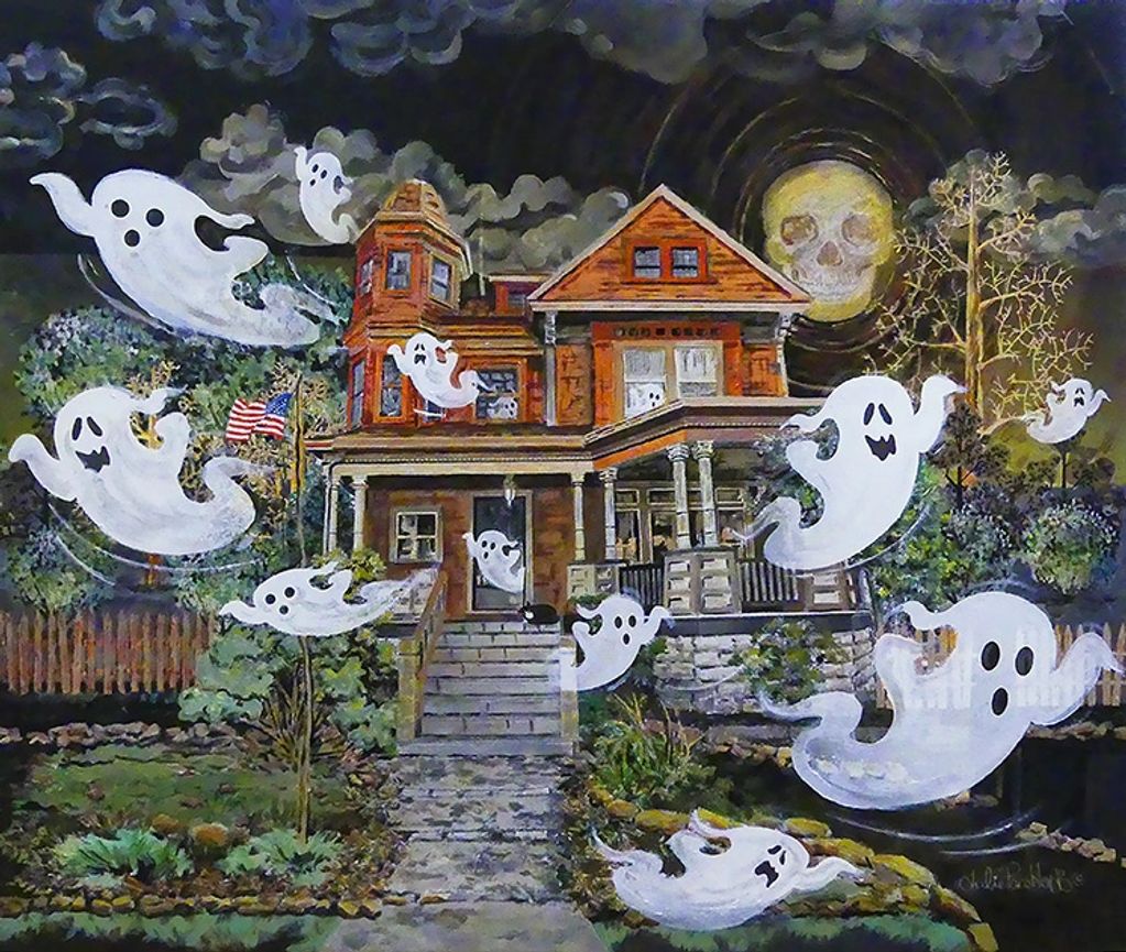 Ghosts are flying feverishly from a Halloween haunted house.